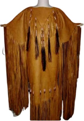 Women's Tan Leather Long Fringes Wedding Dress Powwow Regalia