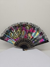 Lady D Ring Decor Plastic Rib Floral Print Folding Hand Fan Black, D84