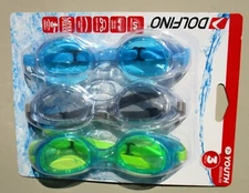 3 pack Dolfino Pacesetter Silicone Swim Goggles YOUTH sz ages 7+ UV Protection 