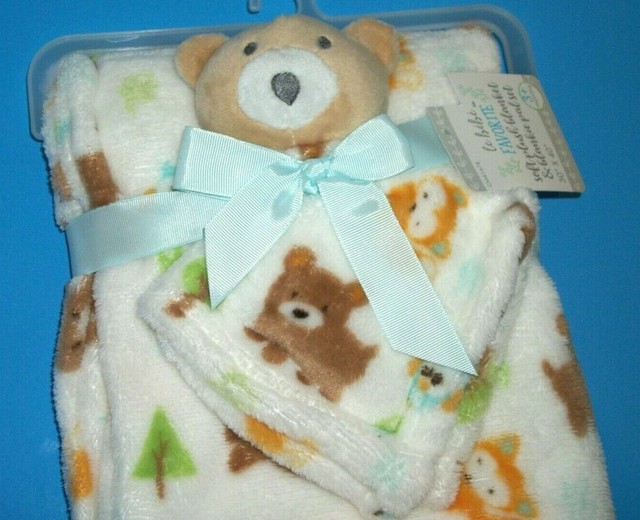 Le Bebe Teddy Bear Baby Blanket 2 Pc Set 30x40 & Security Blankie 12x12