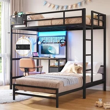 Black Bunk Bed Twin Over Twin Size with Desk Charging Station Led Lights Drawers