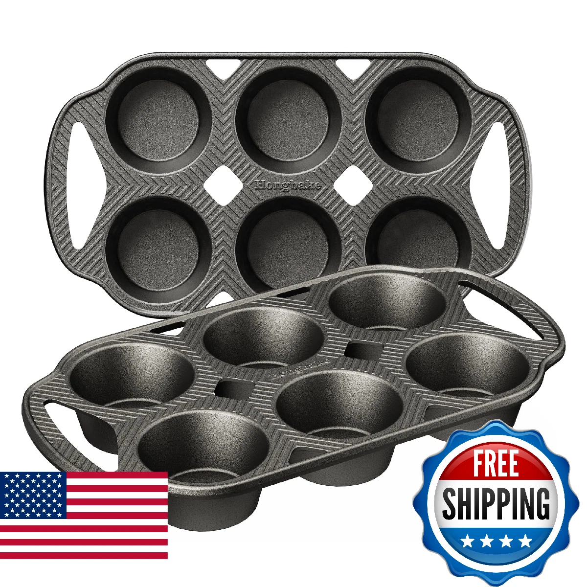 HONGBAKE Everline Collection Cast Iron Muffin Pans Non-Toxic Uncoated 6-Cup Muff