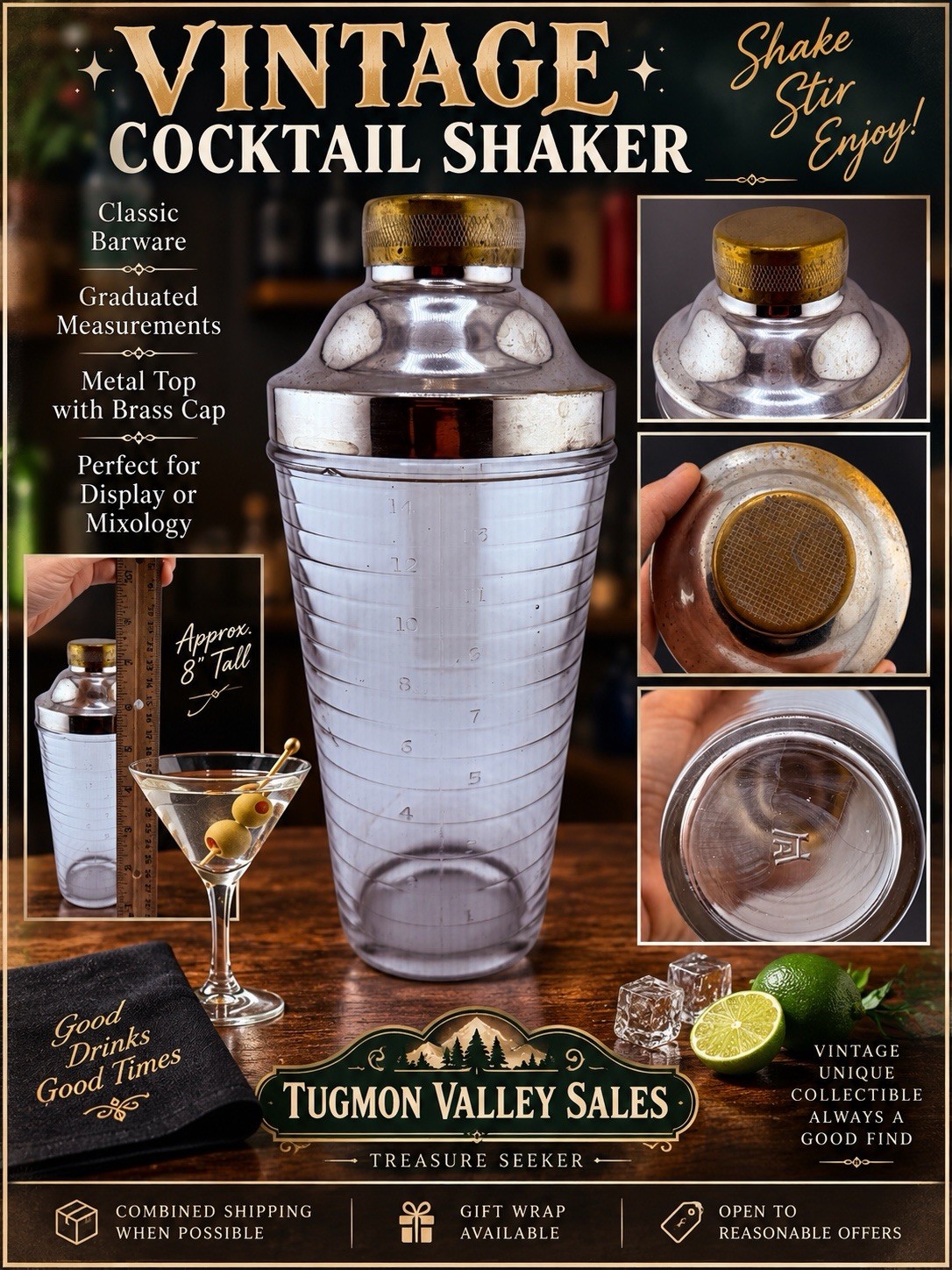 Vintage graduated glass cocktail shaker with metal top and brass cap