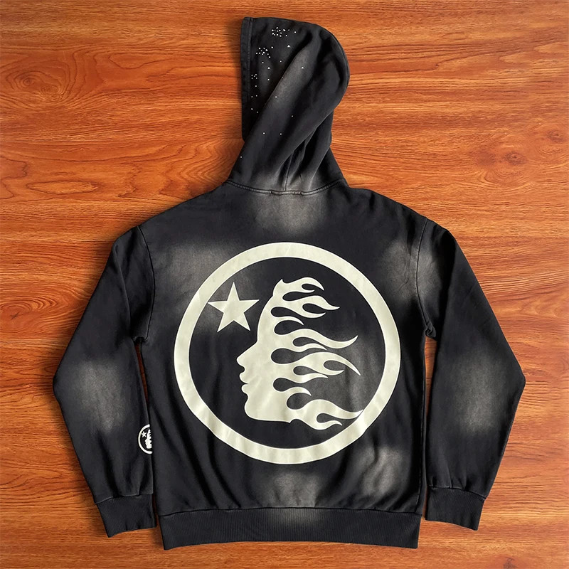 Hellstar Studios Acid Washed Rhinestone Hoodie Mens Black Cotton