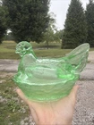 Vintage 6” Hen on Nest Chicken Green Depression Style Glass Candy Dish