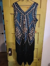 Pretty Guide Flapper 1920's Dress Sequins Fringe Gold Green Black XXL