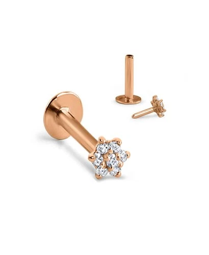 14K White, Yellow, Rose Gold Threadless Labret Nose Ring Flower 20G 18G 16G