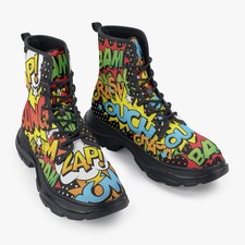 Botas de superhéroes arte pop cómic tipografía palabras de impacto