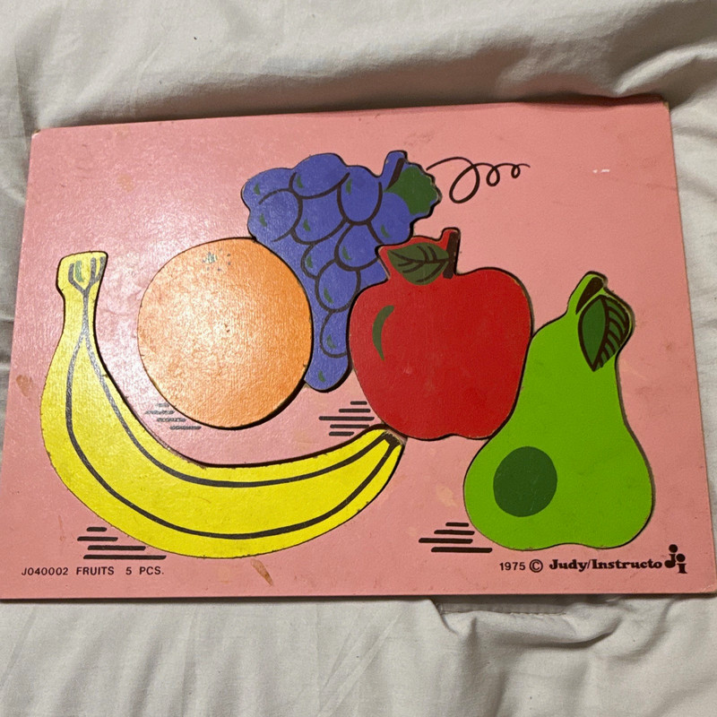 Judy/Instructo Vintage 1975 Wooden Fruits Tray Puzzle Board w/ 5 Pieces