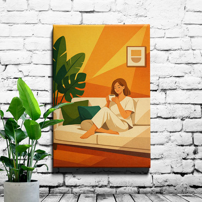 Sunlit tropical sofa scene Wall Art, art deco flat illustration of woman