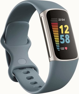 Fitbit Charge 5 Fitnesstracker Platin Edelstahlgehäuse & blaues Band.