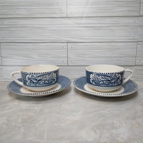 2 Vtg Currier & Ives Royal China Teacups/Saucers Carriage/Steamboat, Imperfect - Picture 1 of 10