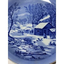 Homer Laughlin Currier & Ives Plate Blue A Home In The Wilderness MCM 8" Vintage