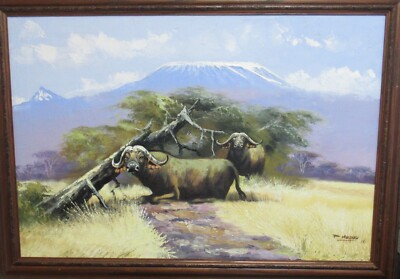 P. MWANGI AFRICAN BULL TREE LANDSCAPE LARGE ORIGINAL OIL ON CANVAS
