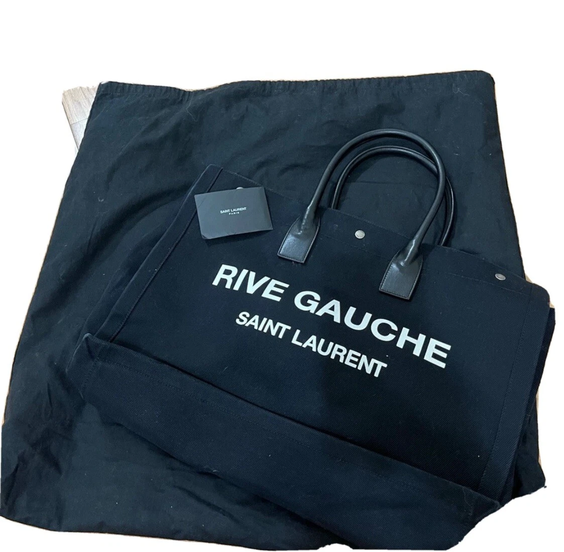 SAINT LAURENT Linen Calfskin Rive Gauche Tote Black