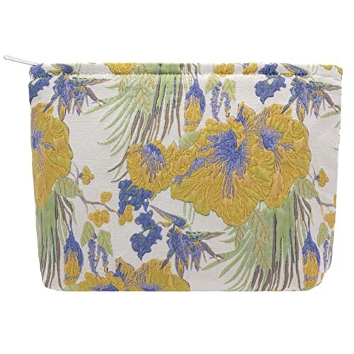 Makeup Bags for Purse Zipper Cosmetic Pouch Large Travel Brocade Flower Yellow