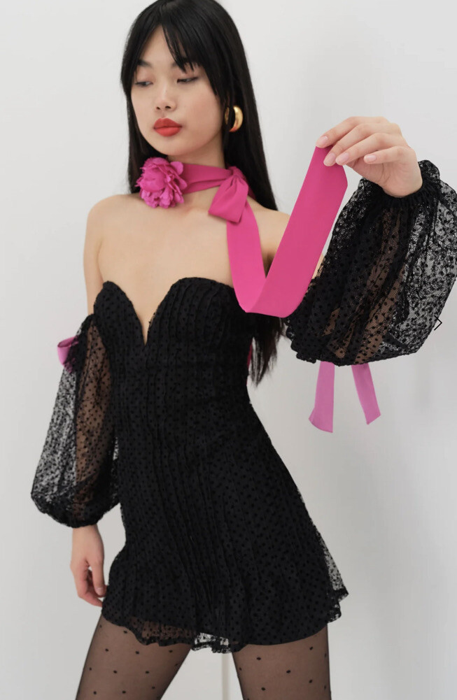 coraline bow mini dress in black chiffon For Love & Lemons Carolyn Lace Removable off shoulder Sleeve Bows M Live Sale 4/9/26 Ladivine CD409 Elegant One Size:EU 38 This item runs large