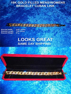 18K GOLD FILLED MENS/WOMENS CUBAN LINK BRACELET W/RHINSTONES LOOKS REALLY GREAT