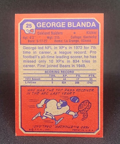 1973 Topps George Blanda #25 Oakland Raiders Football Card - Picture 4 of 4