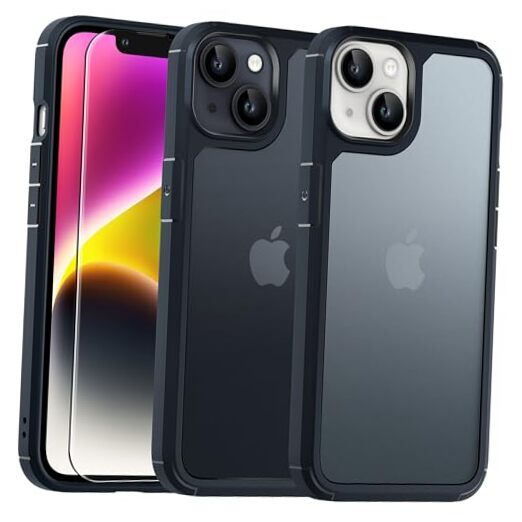 3 in 1 Case, [Not Yellowing] with 2 Tempered Glass for iPhone 14 Frosted Black