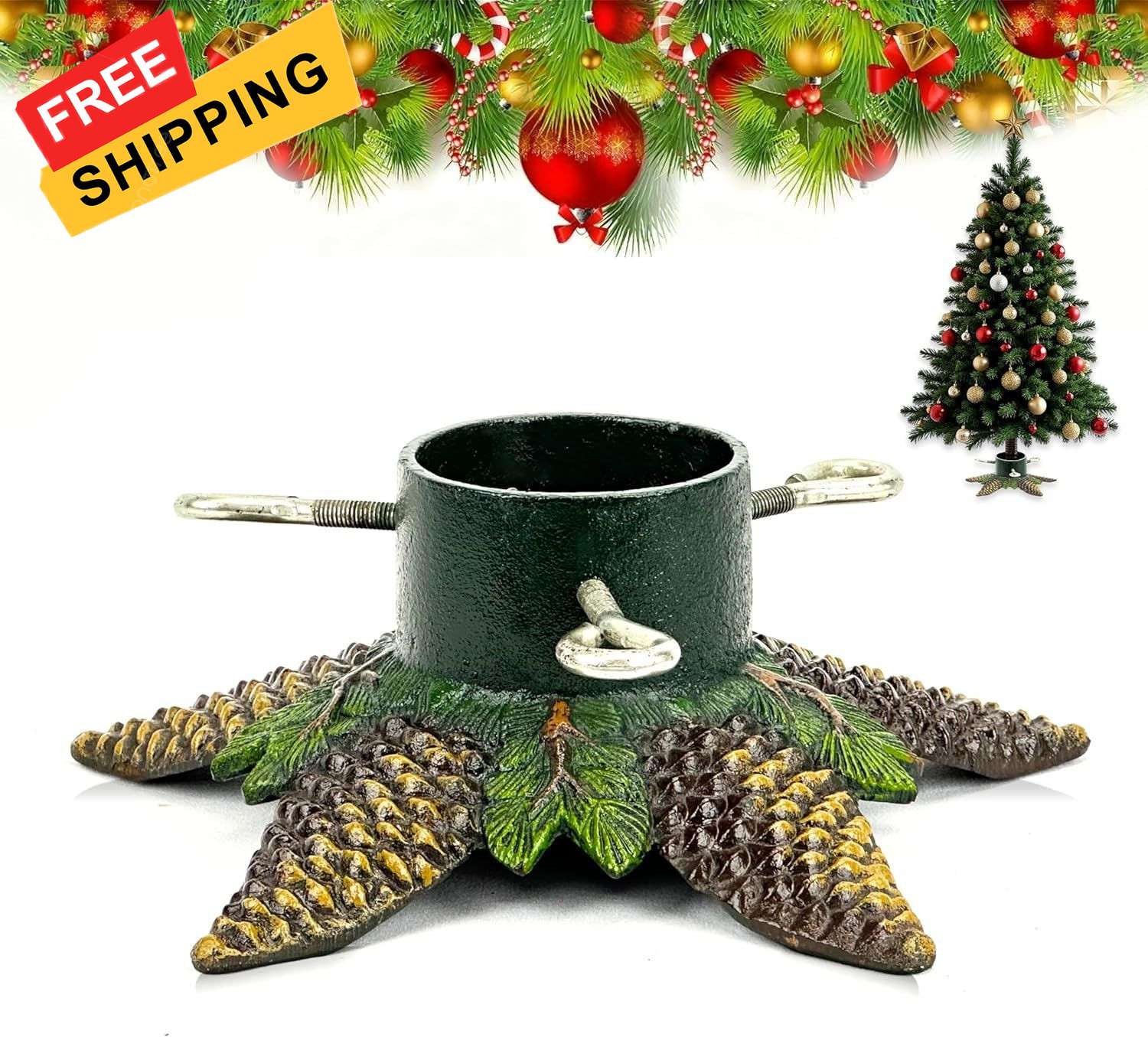 Christmas Tree Stand for Real Trees, Cast Iron Artificial Pinecone 