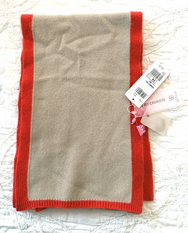 BASLER German Woman’s Scarf  100% 2-PLY Cashmere Taupe Coral Border NEW Tags