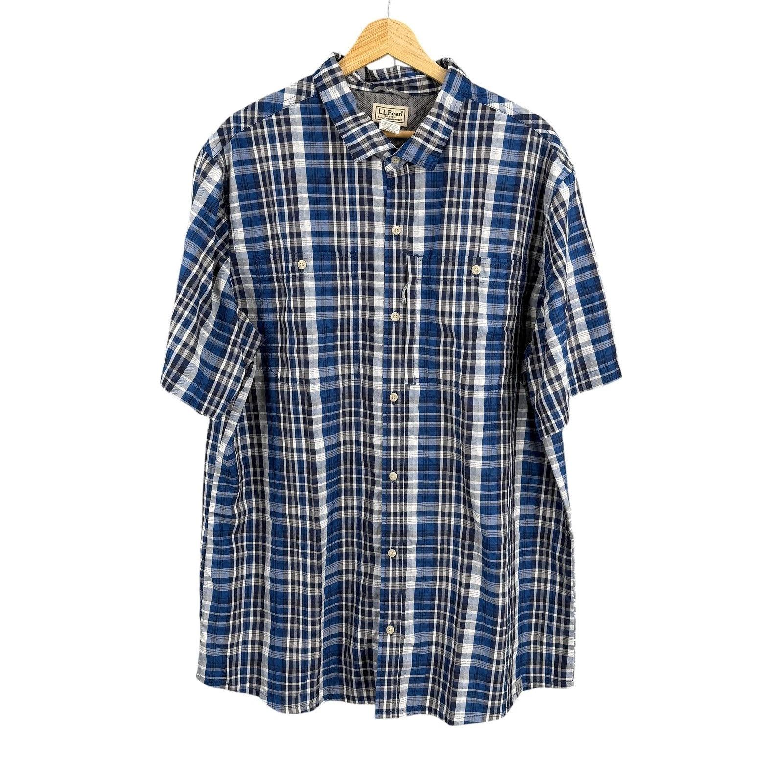 LL Bean XL Tall Blue Plaid Vented Fishing Hiking Shirt Lightweight Travel