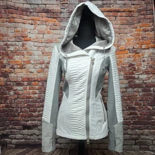 BLANC NOIR CROCO KNIT ASYMMETRICAL HOODIE - White & Gray - Size XS