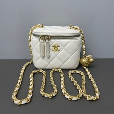 Chanel Mini Vanity Case White Lambskin Gold Pearl Ball Charm Extra Chains Auth