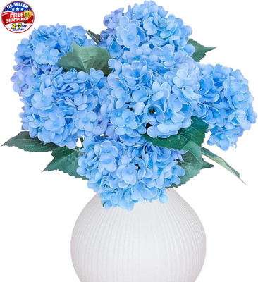 6PCS Premium Blue Silk Hydrangea Artificial Flowers Bouquets - Realistic Fake Hy