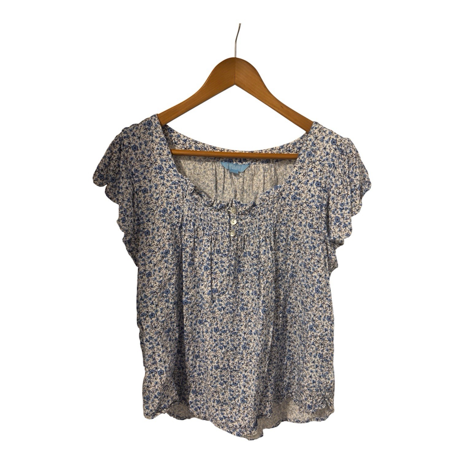 Women's Draper James RSVP Blue White Floral Blouse Flutter Sleeve Size L