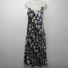 Vintage 90s Etienne Blue Ivory Floral Shiny Satin Long Maxi Slip Dress sz S   