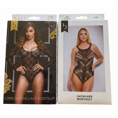 Baci Black Lingerie Bundle 2 Bodysuits Long Sleeve Lace Jacquard OS 2-14 NIP
