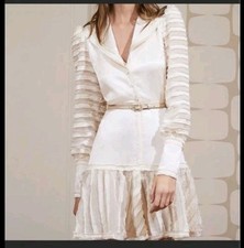 Alexis White Renita Sheer-Panel Long Sleeve Button Empire Waist Mini Dress Med
