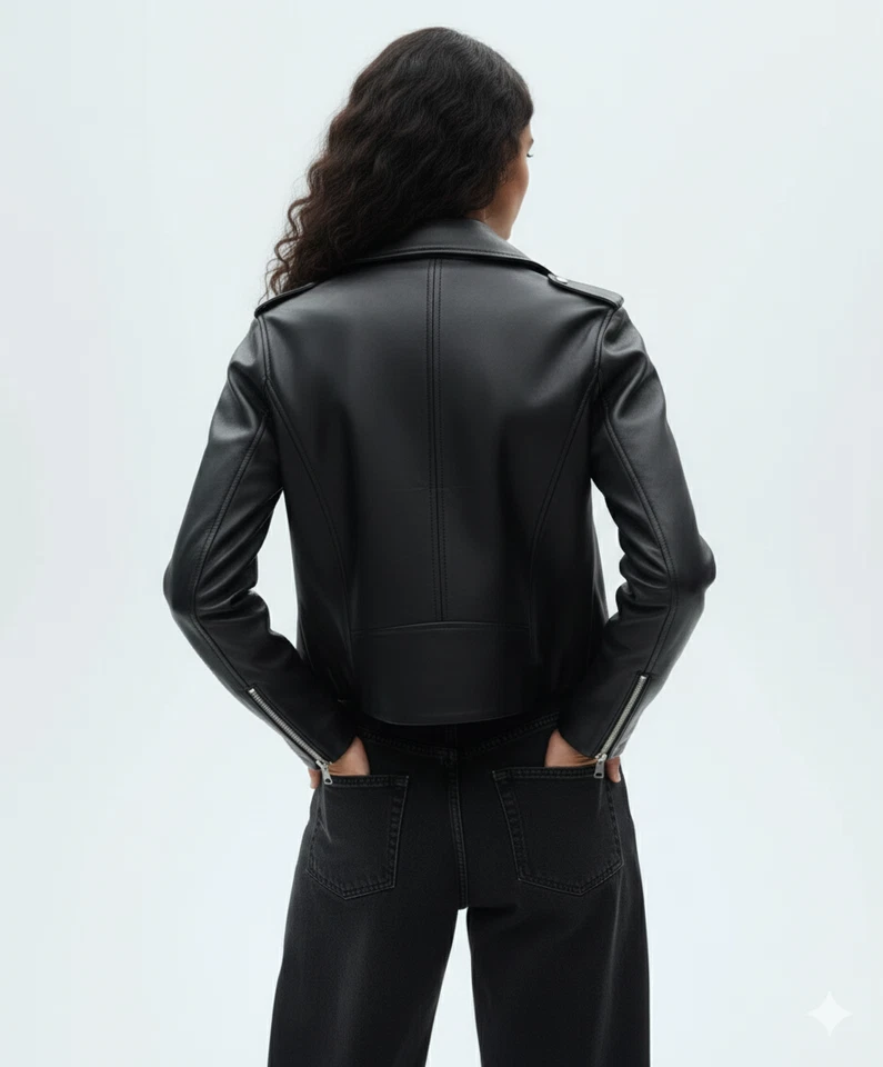 Chaqueta Negra Genuina Para Mujer Cuero Hecha a Mano Informal Piel de Cordero Elegante Motocicleta Foto 2 de 4