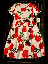 NWT L LuLaRoe RED DISNEY ROSES ON WHITE Amelia Dress UNICORN Christmas Wedding