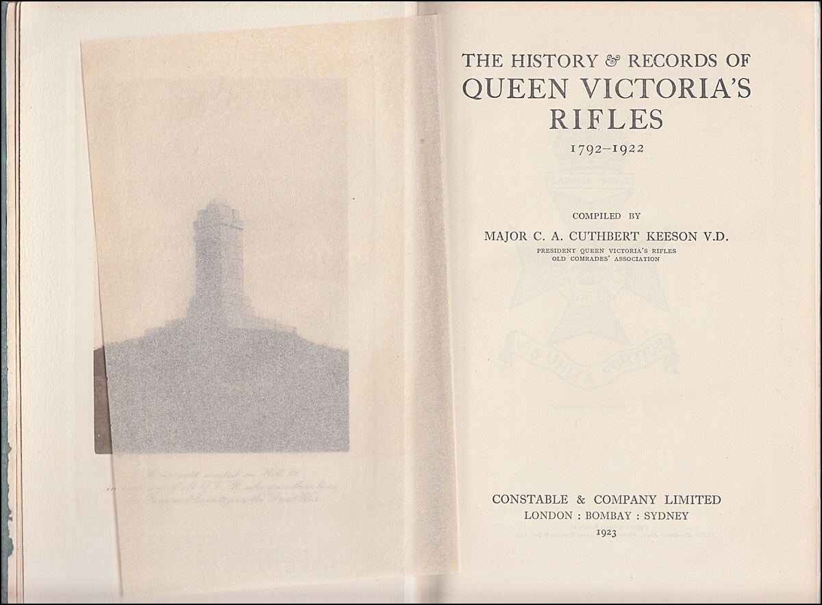 Keeson The HISTORY & RECORDS of QUEEN VICTORIA'S RIFLES 1792-1922 Ypres Somme &c