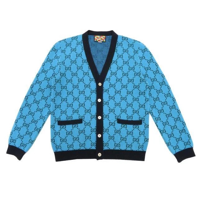 GUCCI men's GG multicolor wool cotton cardigan light blue x