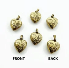 6 Vintage Brass Puffed Heart Flower & Heart Design 3D Bead 16mm. Charms 5864P