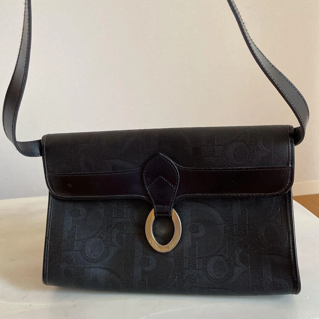 Sac à bandoulière vintage Christian Dior Trotter noir PVC cuir matériel doré