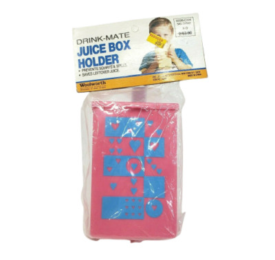 VINTAGE WOOLWORTH DRINK-MATE JUICE BOX HOLDER PINK W HEARTS PLASTIC IN PACKAGE