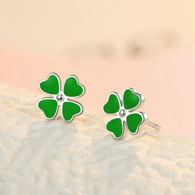 Fashion Lucky Clover Green Silver Stud Earring