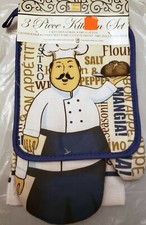 3 pc SET KITCHEN SET: 1 Pot Holder,1 Oven Mitt,1 Towel, FAT CHEF W/DISH,blue, BH