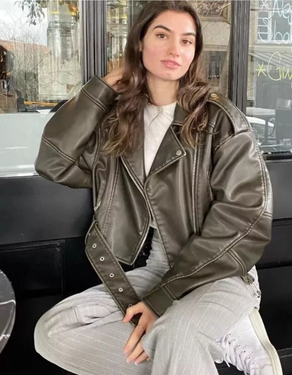 ZARA Sz S LEATHER EFFECT CROPPED BIKER JACKET CHARCOAL NEW ZARA Sz S LEATHER EFFECT CROPPED BIKER JACKET CHARCOAL NEW