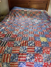Vintage Quilt Top ONLY Scrap some Feed Sack Material squares Red Blue 87” x  67”