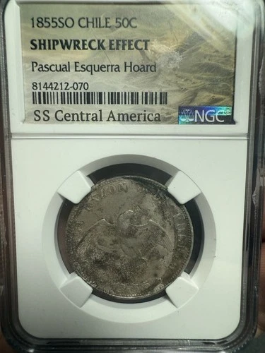 SS Central America 1855-SO Chile Silver 50 Centavos NGC Shipwreck Effect