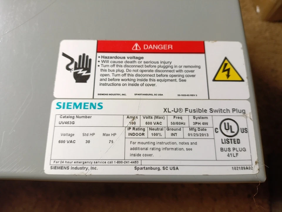SIEMENS UV463G 100 AMP 600 VOLT 3PH 4W XL-U FUSIBLE SWITCH PLUG - Image 4 of 4