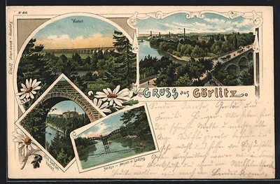 Lithographie Görlitz, Viaduct, Neiße-Ansicht mit Laufsteg, Totalansicht 1899 
