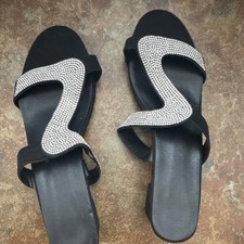 Black Silver Rhinestone Strappy Block Heel Open Toe Women's Synthetic Sandals