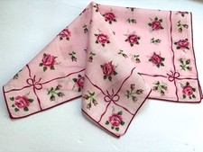 VINTAGE HANKY 1950s BLUSH PINK WITH ROSES AND RIBBONS AND BOWS SO PRETTY 